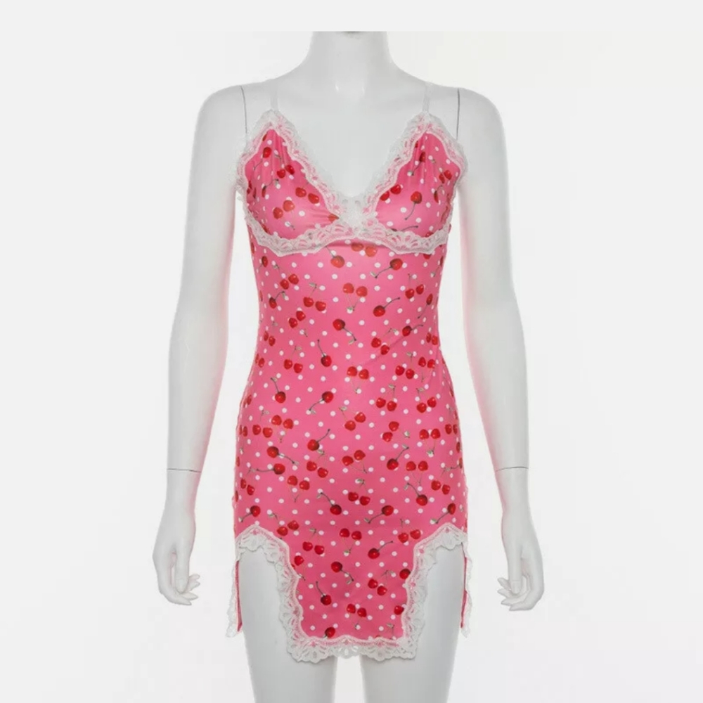 🍒 Pink Cherry & White Polka Dot Dress W/Lace (L) - Picture 2 of 10